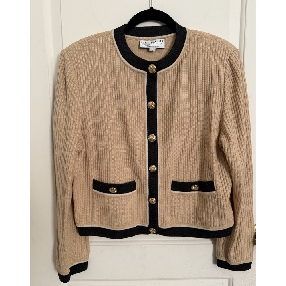 Vintage ST. JOHN Santana‎ Knit Cardigan Gold Buttons Size Large Old Money Mature
